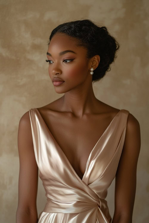 A woman wearing a champagne-colored satin wrap dress with a cinched waist, accessorized with pearl earrings