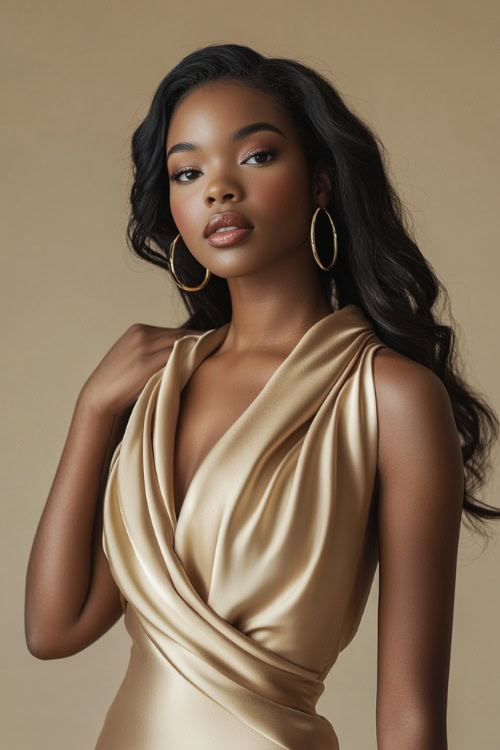 A woman wearing a champagne satin dress with a draped neckline, accessorized with gold hoop earrings