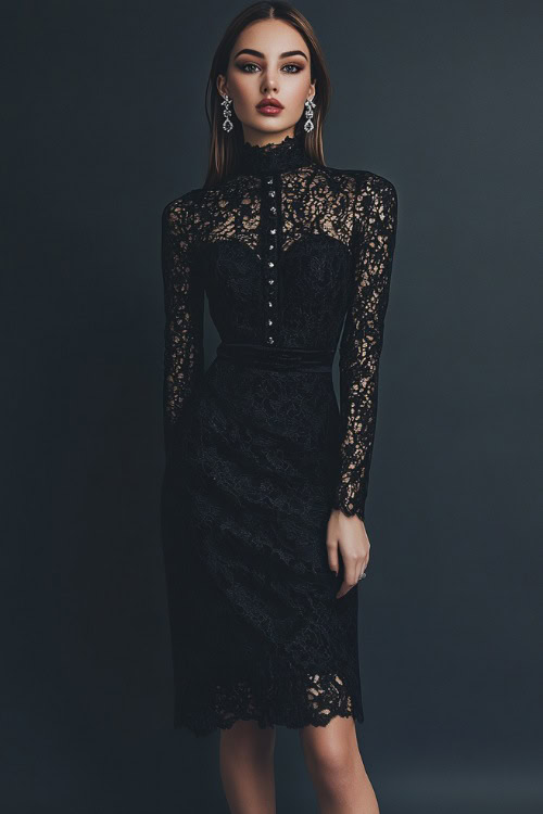 A woman wearing a classic black lace dress with long sleeves, styled with diamond earrings and stiletto heels