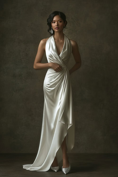 A woman wearing a classic white silk evening gown with a cowl neckline, styled with diamond earrings and silver heels