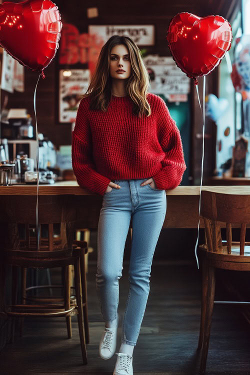 A woman wearing a cozy red knit sweater, high-waisted light blue jeans, and white sneakers (2)