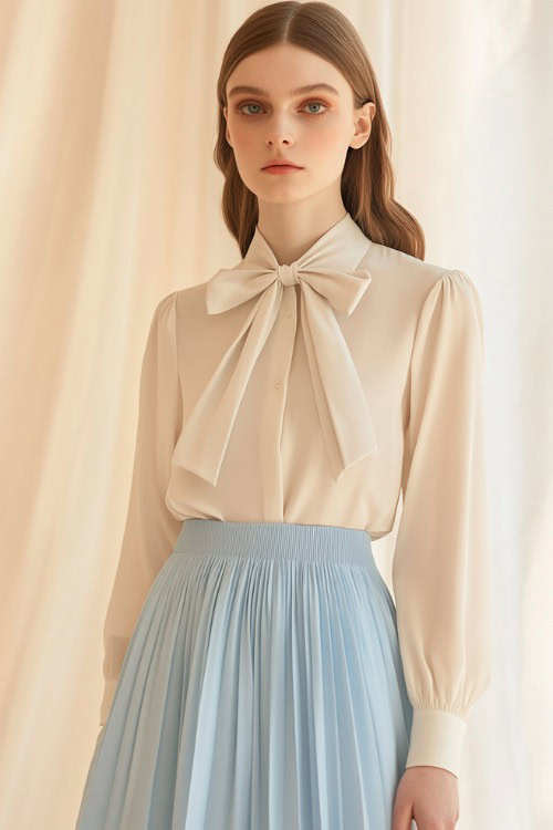 A woman wearing a cream blouse with a bow tie neck, paired with a pleated pastel blue skirt and white loafers