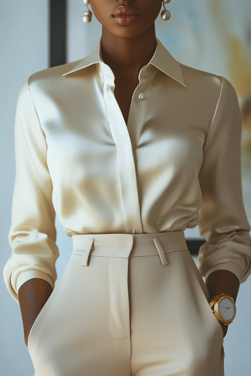 A woman wearing a cream-colored silk blouse tucked into high-waisted tailored beige trousers