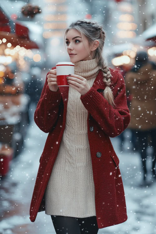 A woman wearing a cream sweater dress, a red wool coat, black tights, and combat boots