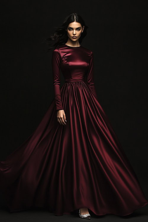 A woman wearing a dark burgundy satin gown with a cinched waist and long sleeves