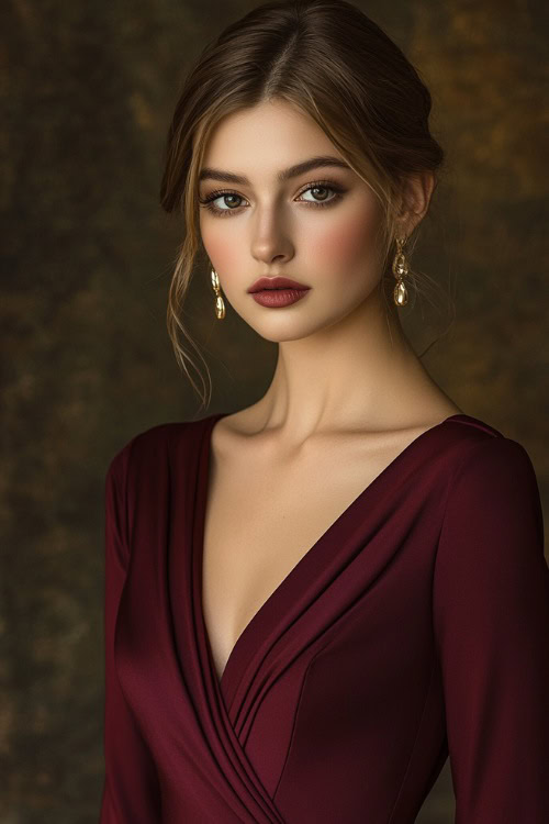 A woman wearing a deep burgundy evening gown with a fitted bodice and long sleeves, styled with gold drop earrings