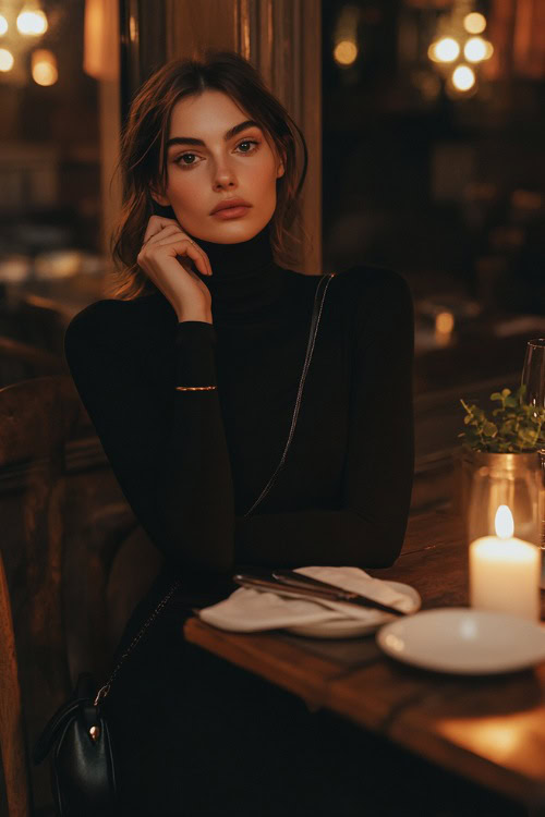 A woman wearing a fitted black turtleneck dress with long sleeves, paired with black ankle boots and a small shoulder bag