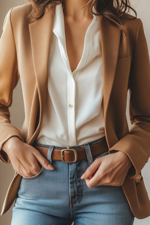 A woman wearing a fitted camel-colored blazer over a white blouse, styled with straight-leg jeans and brown leather loafers