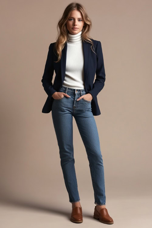 A woman wearing a fitted navy blue blazer over a white turtleneck sweater, paired with slim-fit light-wash jeans and brown leather loafers