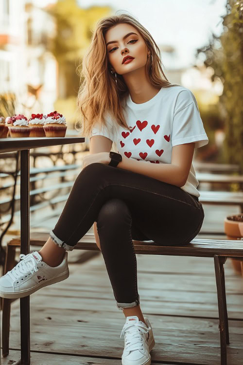 A woman wearing a graphic heart-printed tee, black high-waisted mom jeans, and chunky white sneakers (2)