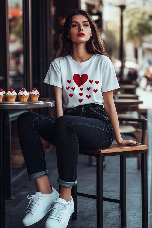 A woman wearing a graphic heart-printed tee, black high-waisted mom jeans, and chunky white sneakers