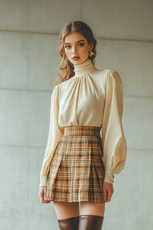 A woman wearing a high-neck cream blouse with long cuffs tucked into a plaid midi skirt and knee-high boots (2)