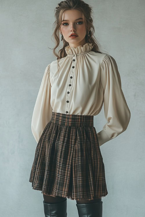 A woman wearing a high-neck cream blouse with long cuffs tucked into a plaid midi skirt and knee-high boots