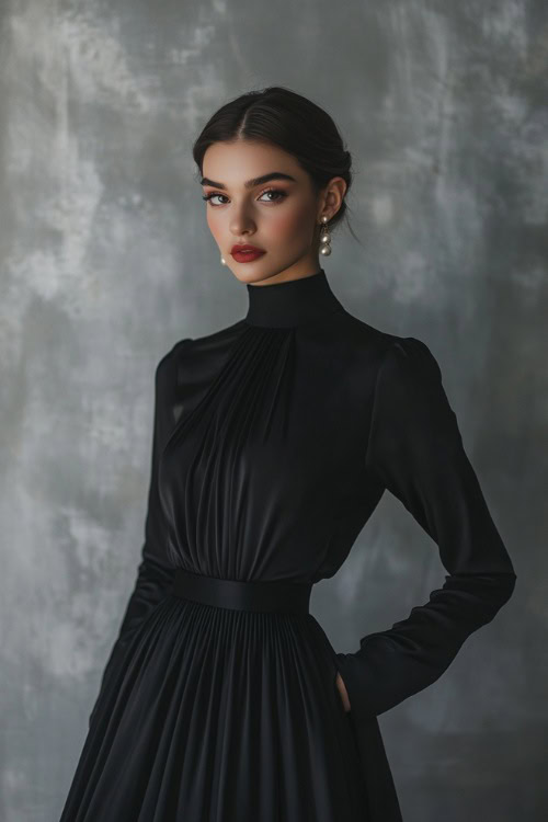 A woman wearing a high-neck silk blouse with long sleeves tucked into a full midi skirt (2)