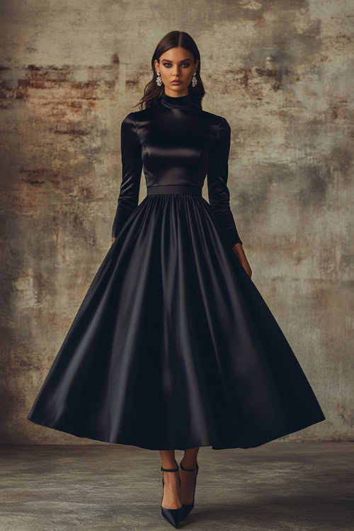 A woman wearing a high-neck silk blouse with long sleeves tucked into a full midi skirt