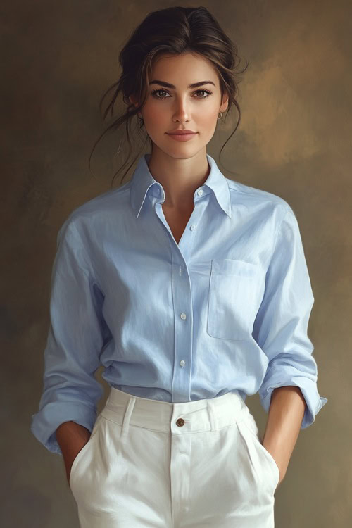 A woman wearing a light blue button-up shirt with tailored white trousers