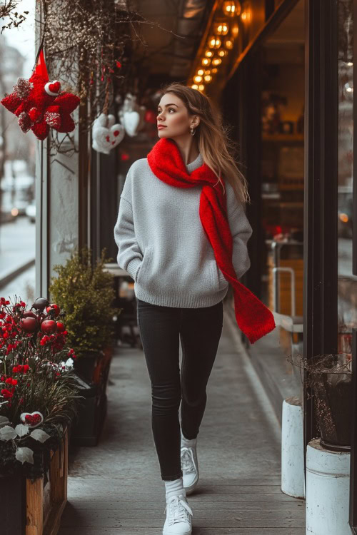 A woman wearing a light gray sweater with a red scarf, paired with skinny black jeans and white sneakers