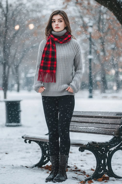 A woman wearing a light gray turtleneck sweater, red plaid scarf, black leggings, and flat boots