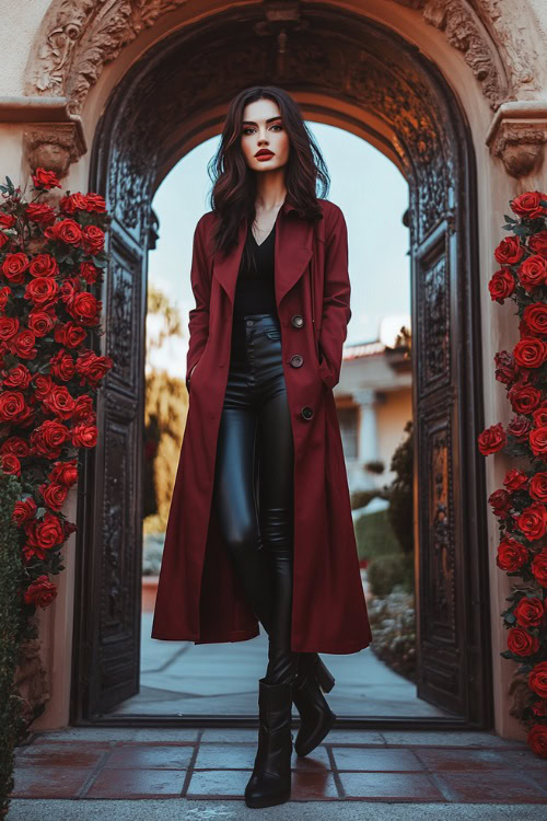 A woman wearing a long burgundy trench coat, black leather leggings, and heeled ankle boots