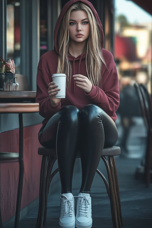 A woman wearing a maroon hoodie, black faux leather leggings, and white sneakers