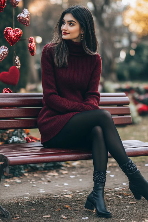 A woman wearing a maroon sweater dress with a turtleneck, black tights, and ankle boots (2)