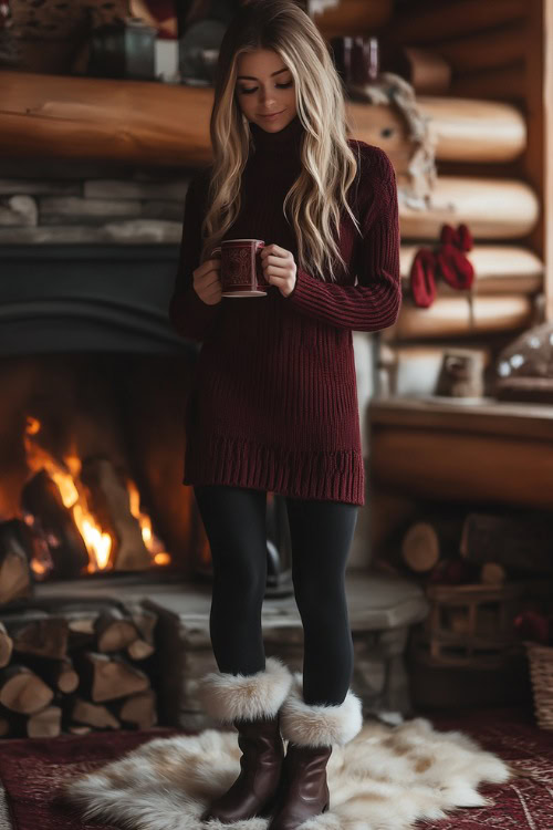 A woman wearing a maroon sweater dress with a turtleneck, paired with black leggings and fur-lined boots (3)