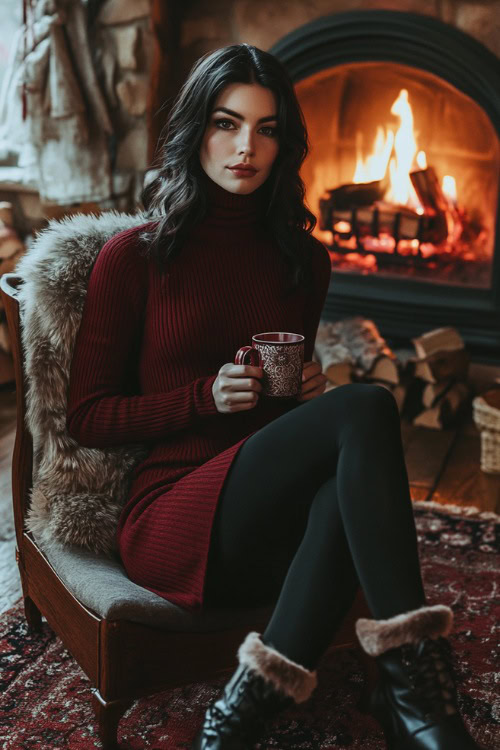 A woman wearing a maroon sweater dress with a turtleneck, paired with black leggings and fur-lined boots