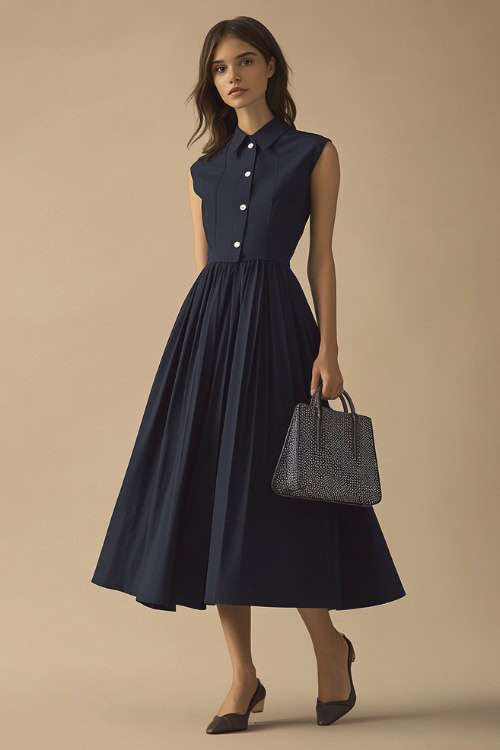 A woman wearing a navy blue A-line midi dress with a button-up front, paired with ballet flats and a structured handbag