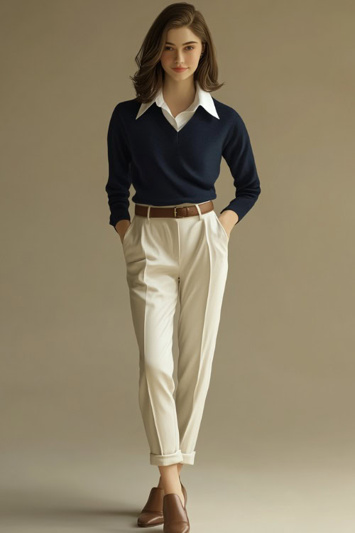 A woman wearing a navy blue cashmere sweater over a white collared shirt, paired with tailored cream trousers and leather loafers (2)