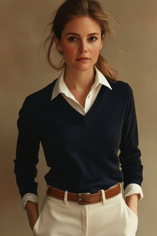 A woman wearing a navy blue cashmere sweater over a white collared shirt, paired with tailored cream trousers and leather loafers