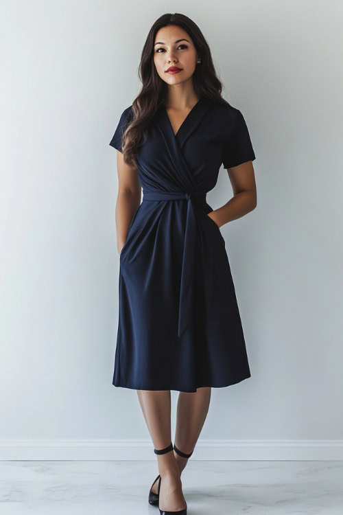 A woman wearing a navy blue wrap dress with a belted waist, styled with black pointed pumps