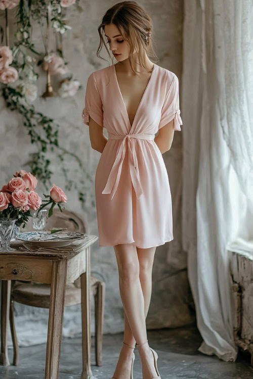 A woman wearing a pale pink wrap dress with flutter sleeves, paired with beige ballet flats