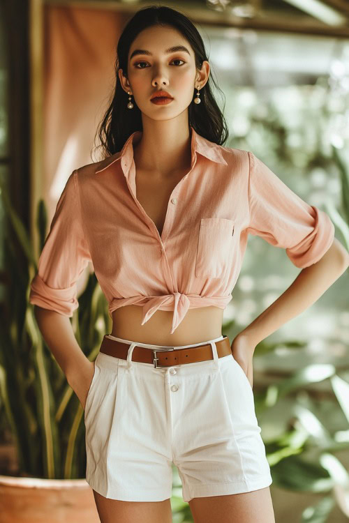 A woman wearing a pastel pink button-up shirt tucked into tailored white shorts, styled with pearl stud earrings and brown leather loafers