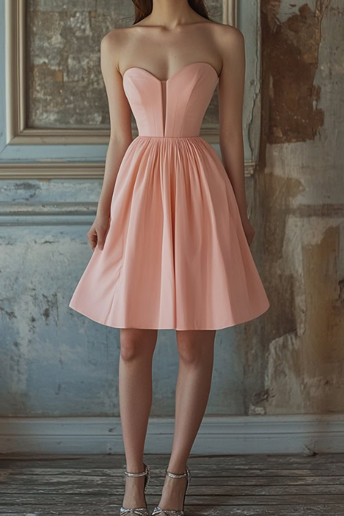 A woman wearing a pastel pink midi dress with a structured bodice, styled with pearl earrings and silver strappy heels