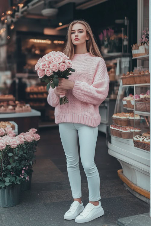 A woman wearing a pastel pink oversized sweater, white skinny jeans, and slip-on shoes