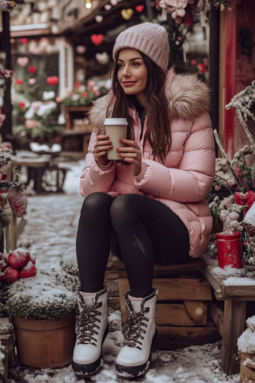 A woman wearing a pastel pink puffer jacket, black leggings, and fur-lined snow boots