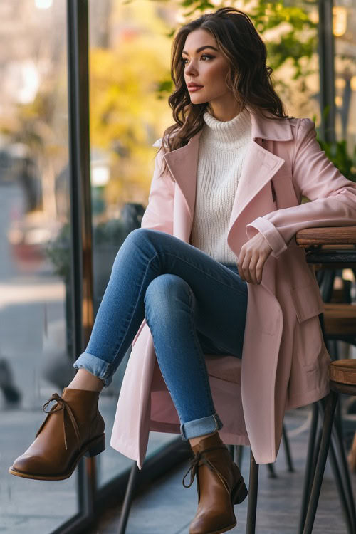 A woman wearing a pastel pink trench coat over a white sweater and blue jeans, paired with brown loafers (2)