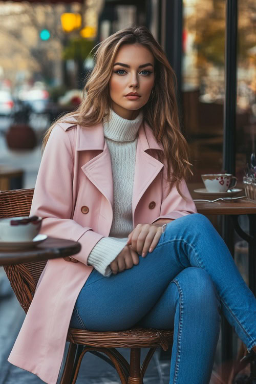 A woman wearing a pastel pink trench coat over a white sweater and blue jeans, paired with brown loafers