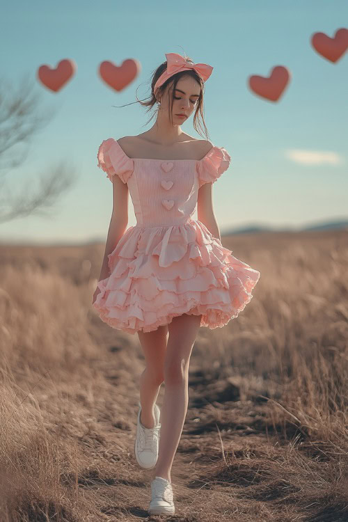 A woman wearing a pink babydoll dress with ruffled sleeves, white sneakers, and a playful headband