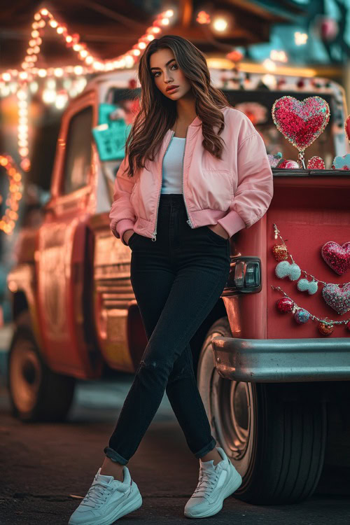 A woman wearing a pink bomber jacket, black joggers, and chunky white sneakers