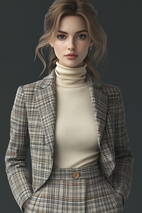 A woman wearing a plaid blazer over a fitted cream turtleneck, slim trousers