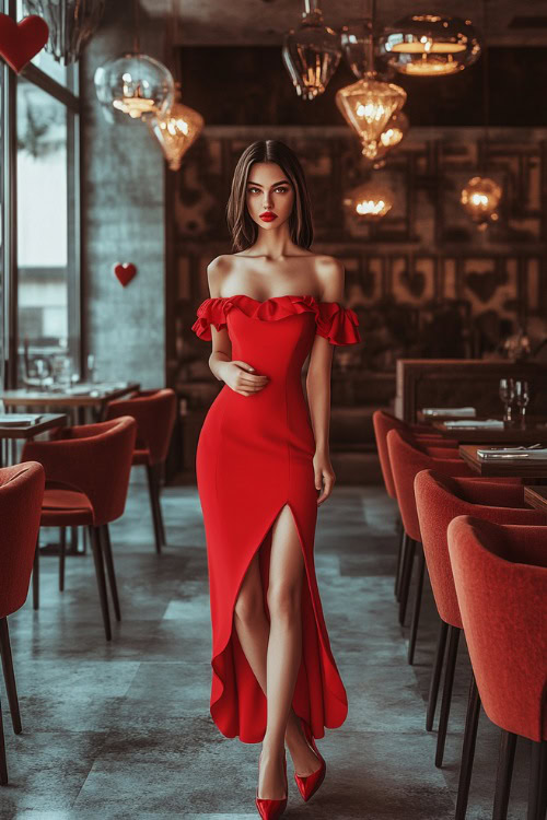 A woman wearing a red off-the-shoulder ruffled midi dress, paired with heels and a clutch (2)