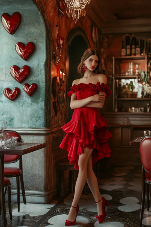 A woman wearing a red off-the-shoulder ruffled midi dress, paired with heels and a clutch