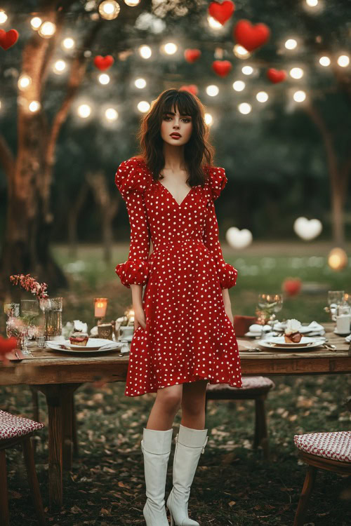 A woman wearing a red polka-dot midi dress with puff sleeves, paired with white ankle boots, standing near a casual Valentine’s outdoor dinner table