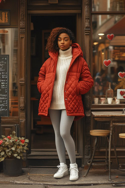 A woman wearing a red quilted jacket over a cream sweater dress, paired with gray leggings and white sneakers (2)