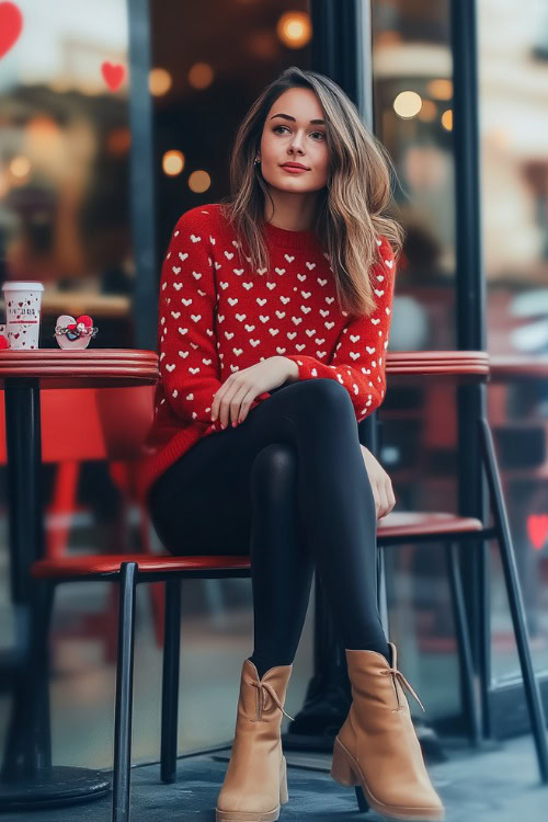 A woman wearing a red sweater with heart patterns, paired with black leggings and tan ankle boots (2)