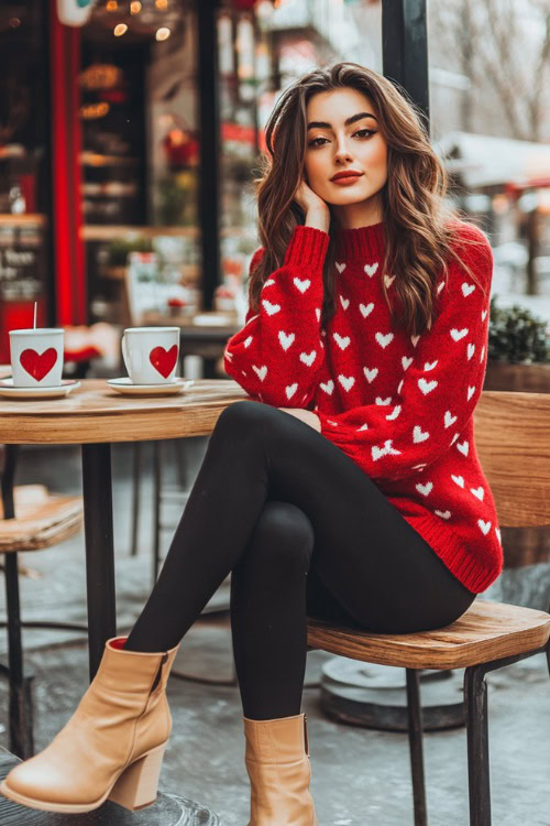 A woman wearing a red sweater with heart patterns, paired with black leggings and tan ankle boots