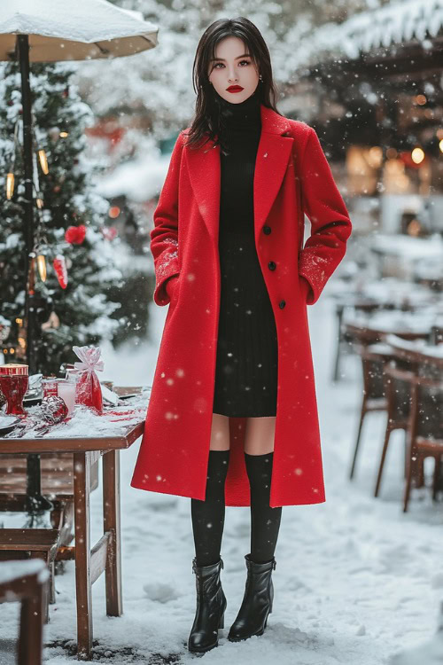 A woman wearing a red wool coat over a fitted black turtleneck dress, paired with black tights and knee-high boots