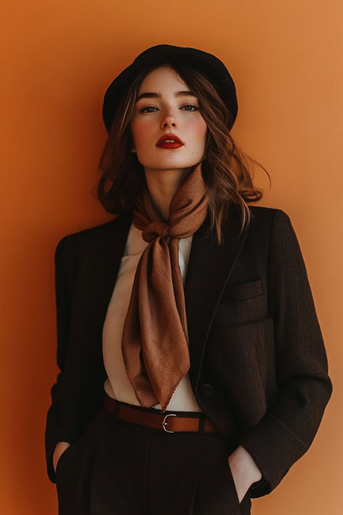 A woman wearing a silk scarf, tailored blazer, and high-waisted trousers with leather loafers (2)