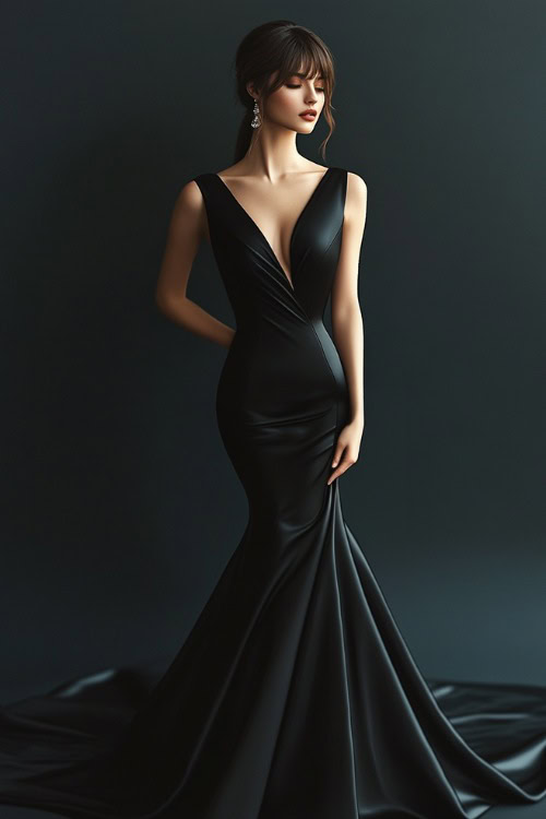 A woman wearing a sleek black satin gown with a mermaid silhouette and open back